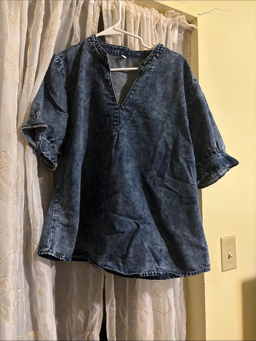 SHEIN Washed Denim Blue Short Sleeve V-Neck Blouse